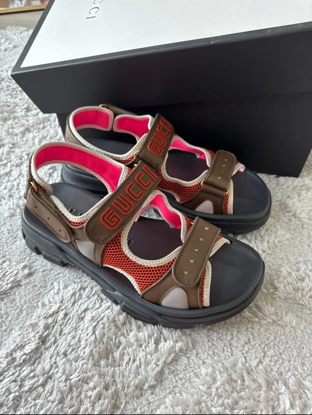 Gucci Brown, Orange & Black Leather Mesh Sport Sandals